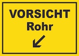 thumbnail of Vorsicht Rohr mit Richtungspfeil links unten Schild A6 Rückseite selbstklebend