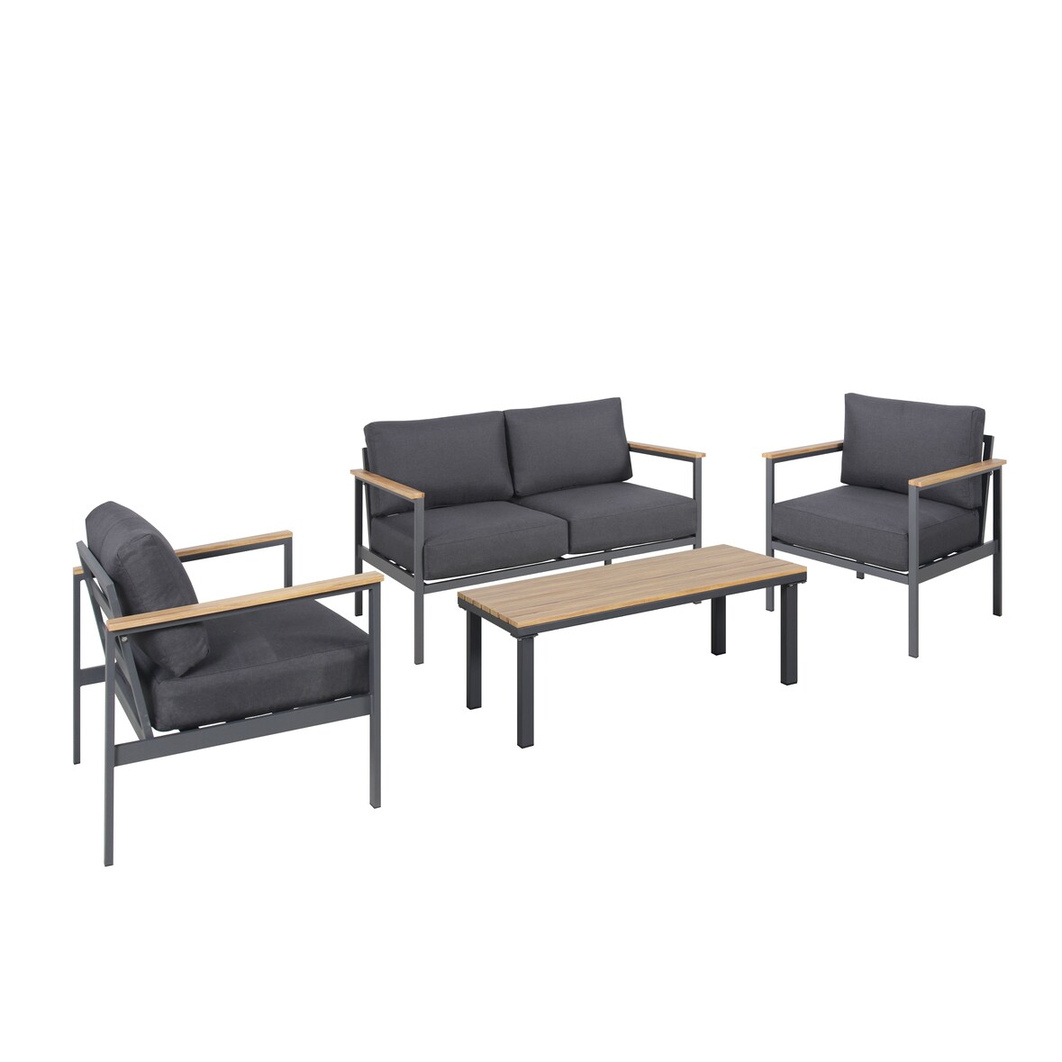 METRO Professional Set di divani da 4 pezzi, acciaio / alluminio, 1 tavolo, 2 poltrone, 1 divano a 2 posti, con cuscini, nero / marrone