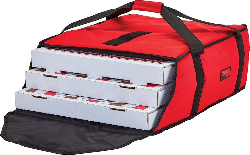 Bolsa roja con tres cajas de pizza.