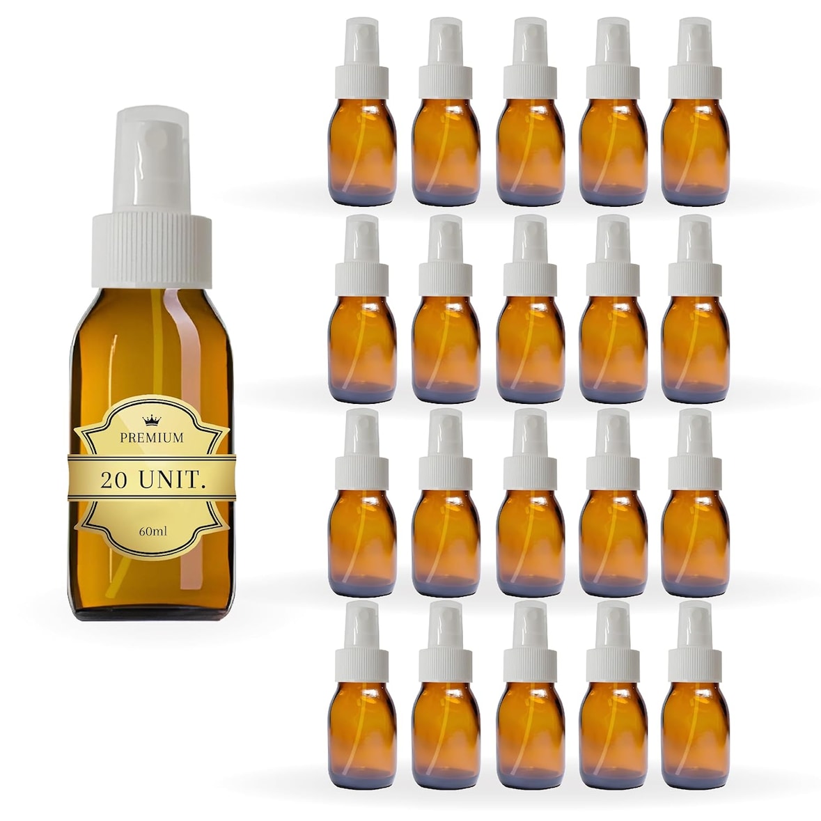 20x Frascos de Spray em Vidro Âmbar de 60 ml com Tampa Vaporizadora – Spray de Óleos Essenciais e Cosméticos