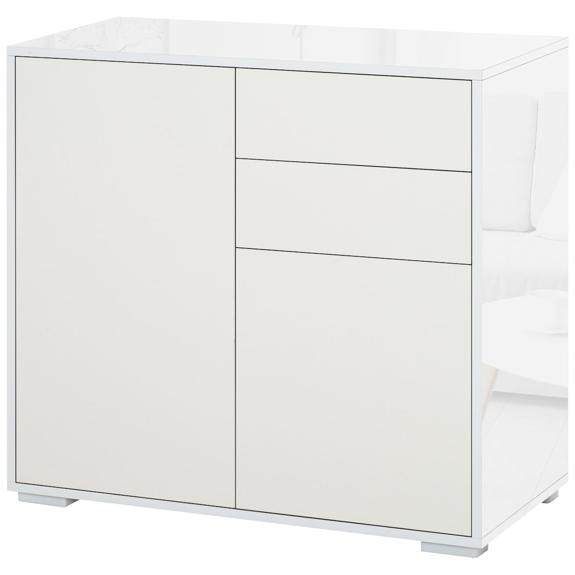 HOMCOM Aparador de Cocina con 2 Puertas 2 Cajones Marco de Blanco Brillante Estante Ajustable Apertura a Presión Armario de Almacenamiento 79x36x74 cm