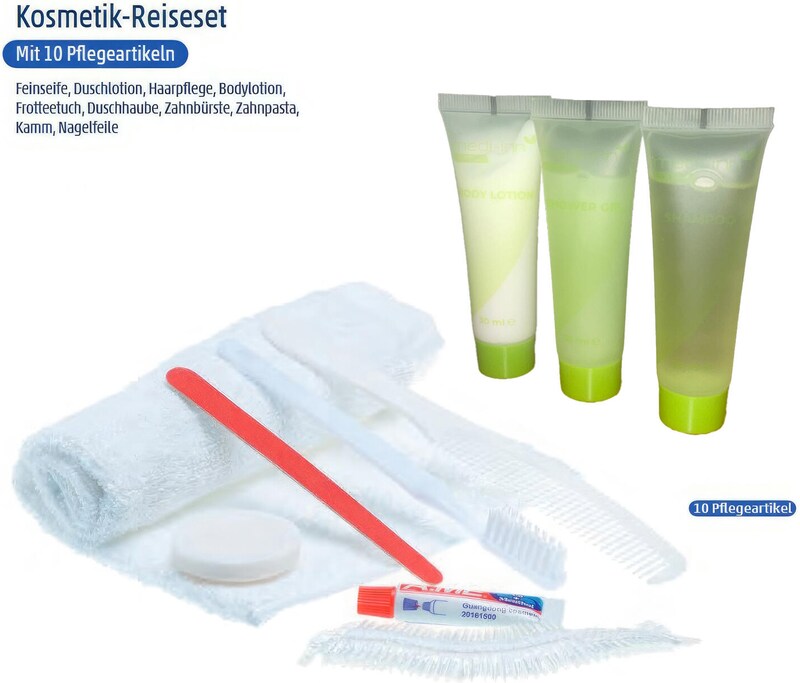 Ein Reisekosmetikset mit zehn Pflegeartikeln.