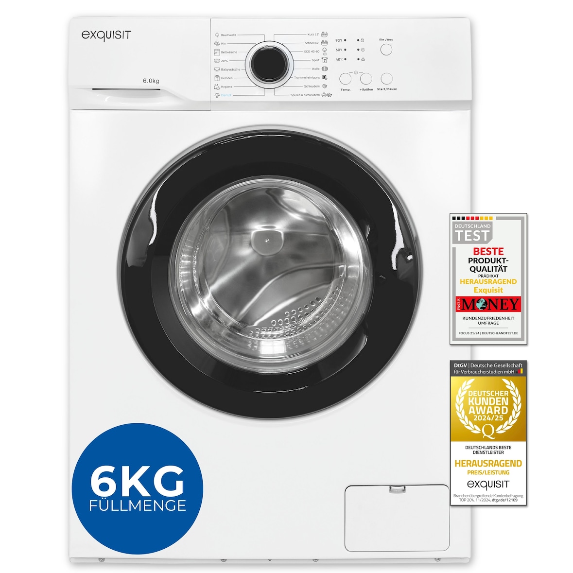Exquisit Waschmaschine 6kg, Energieeffizienzklasse A, max. 1000 U/min, ECO 40-60, Höhenverstellbare Füße, 16 Waschprogramme, WA56110-020A weiss