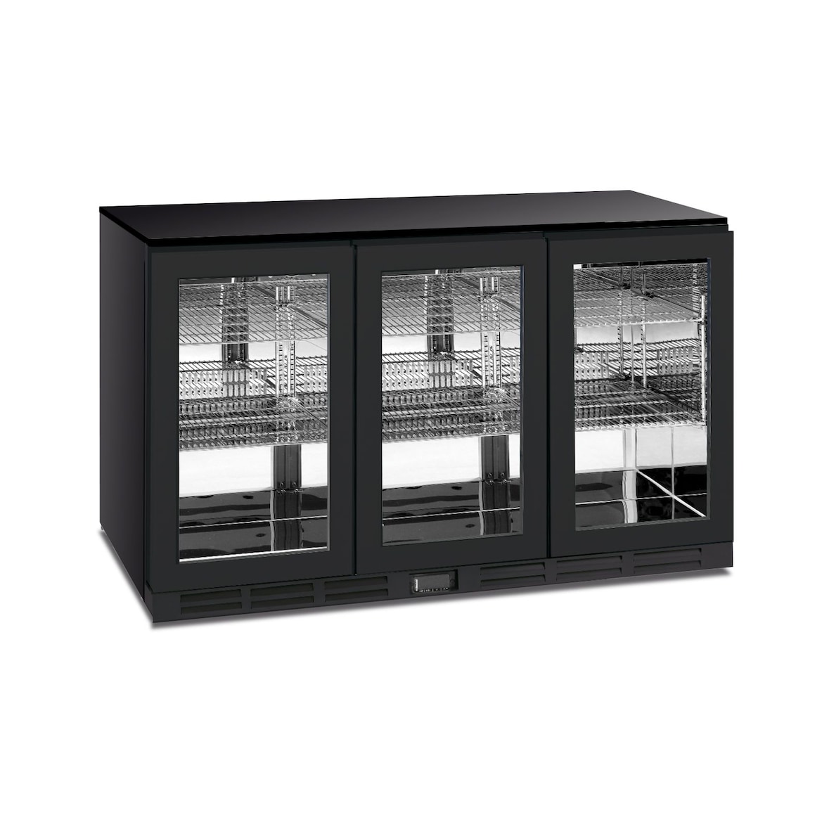 Frigo sotto banco 3 porte vetro. Interno inox. Sbrinamento automatico. Luce Led. Temperatura -2°C/+10°C. Misure LxPxH 135x52,6x83,5 cm. COLDBAR300BL