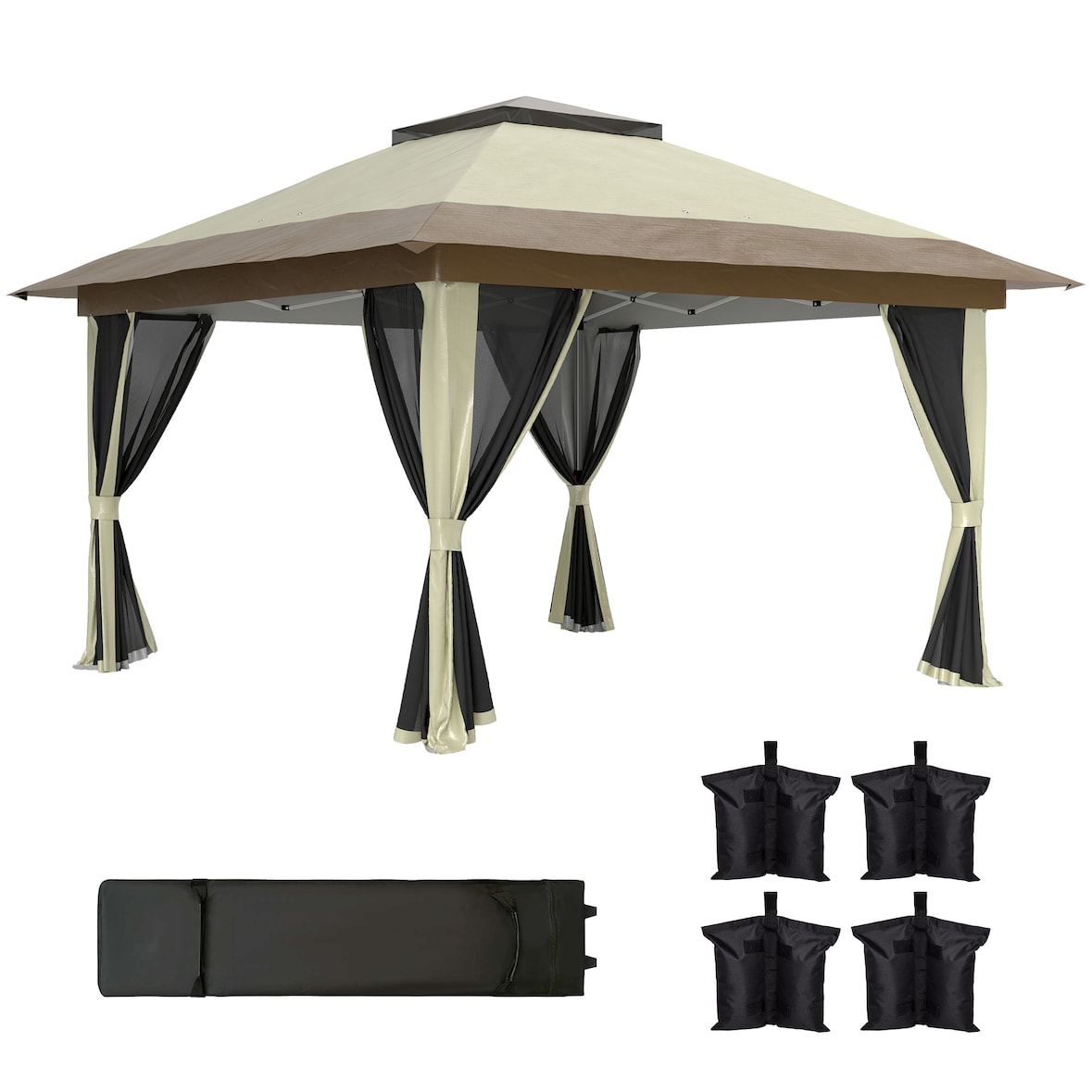Outsunny carpa plegable gazebo 3,6x3,6 m con 4 paredes laterales de malla anti-UV altura ajustable bolsa de arena y bolsa de transporte crema