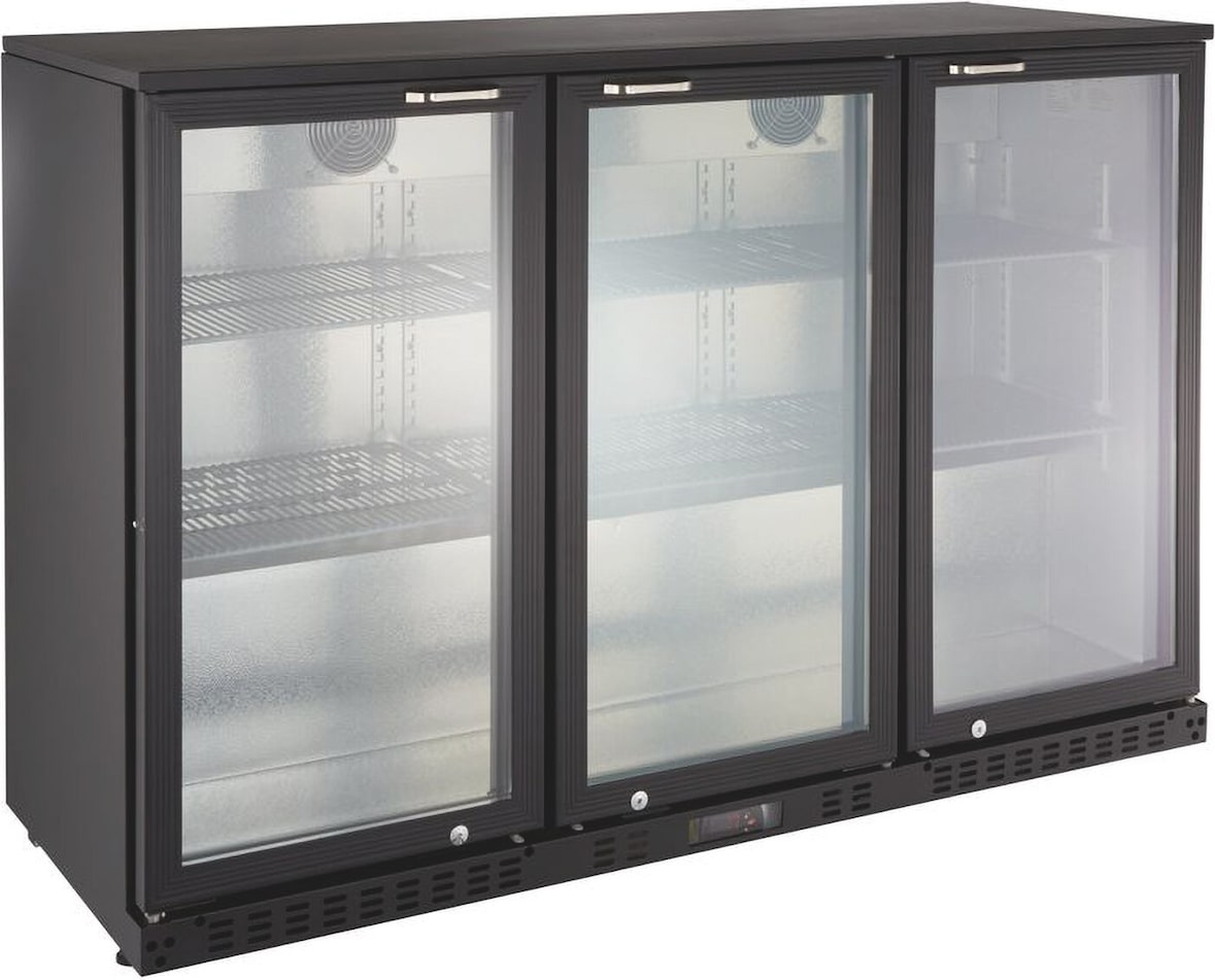 GastroHero Barkühlschrank ECO 350 schwarz 338 Liter Getränkekühlschrank 3 Glastüren LED unterbaufähig Umluft