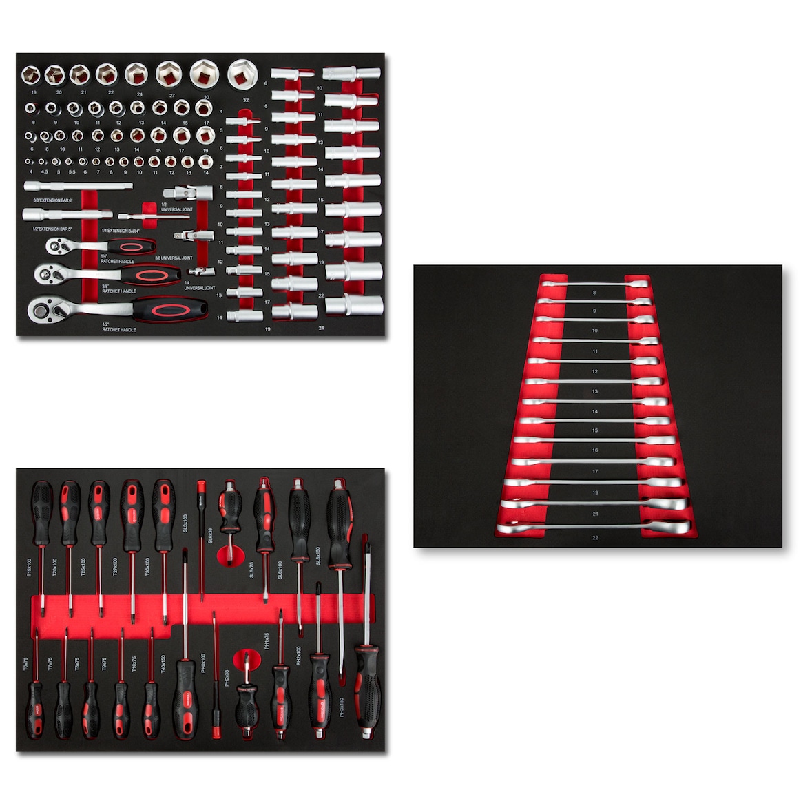 EBERTH Multigereedschapset 114 delen Voor gereedschapswagen, Gelabelde schuimrubberen inzetstukken, Hard metaal, Ergonomische handgrepen, Voor 3 laden
