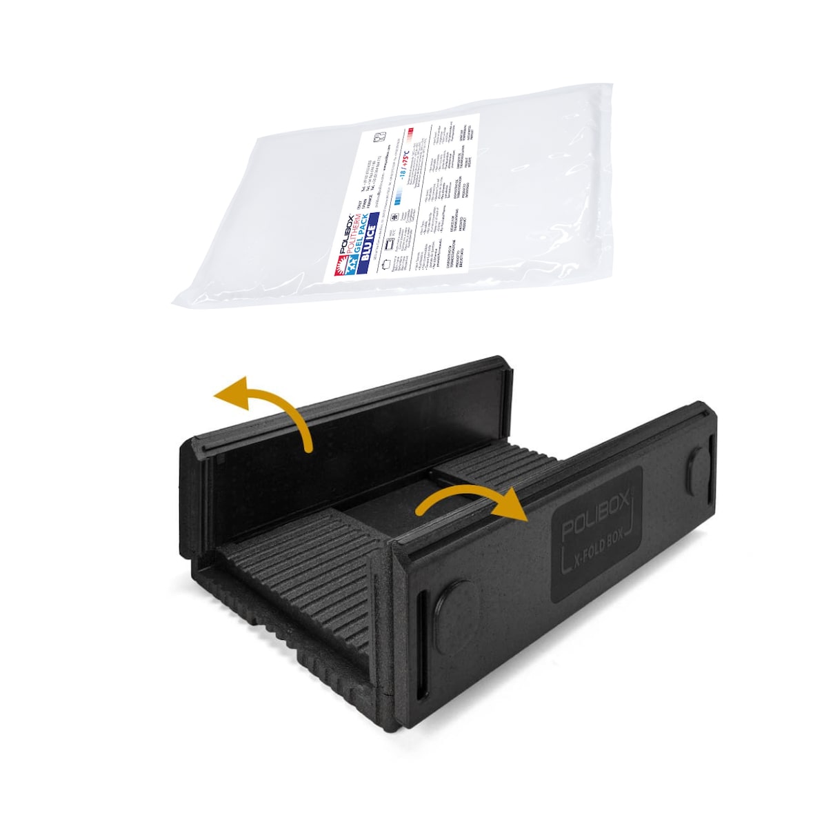 POLIBOX Conjunto Contentor isotérmico dobrável em PPE preto X-FOLD BOX + gel eutéctico GN