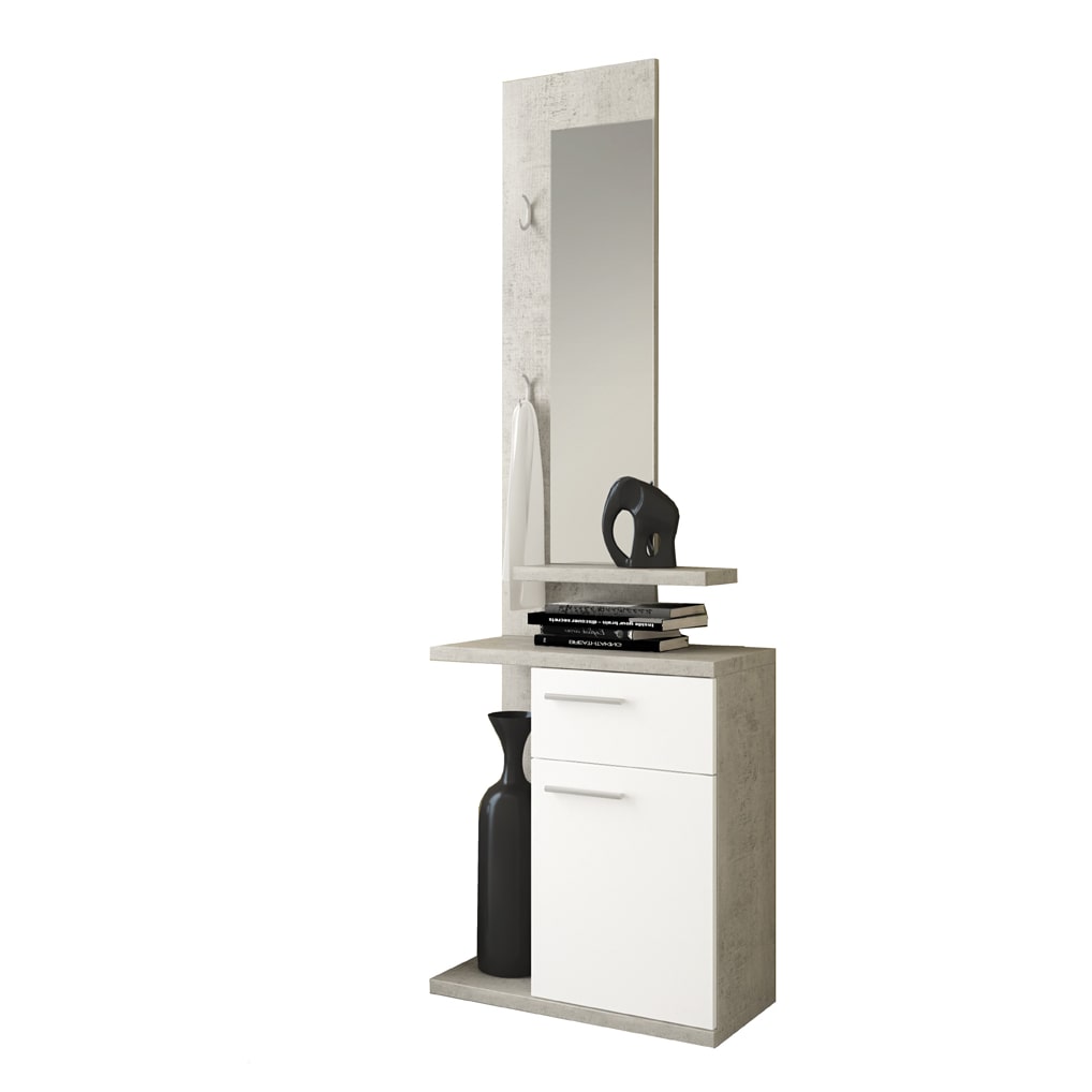 Mobile Ingresso Mobiletto Consolle Salvaspazio Con Specchio Cassetto 3 Ripiani Design Moderno Ingresso Corridoio 60,5x186x28 Cm Bianco Grigio Cemento