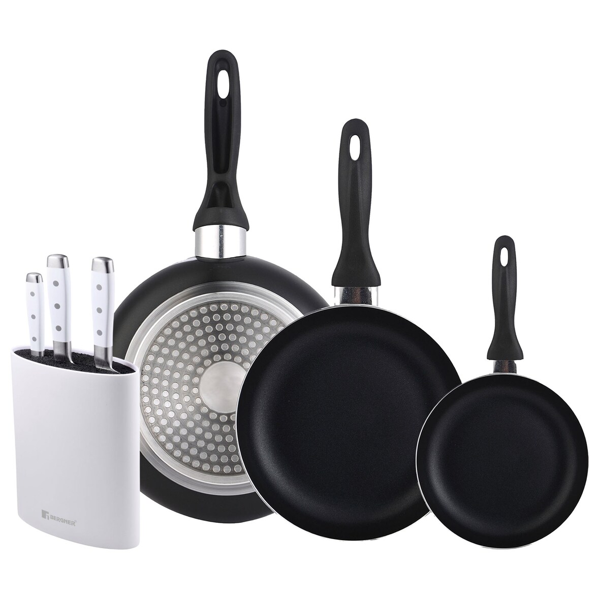 BERGNER - Set di 3 padelle Ø16/20/24cm in alluminio pressato colore nero con Set di 3 coltelli in acciaio inossidabile con supporto da parete