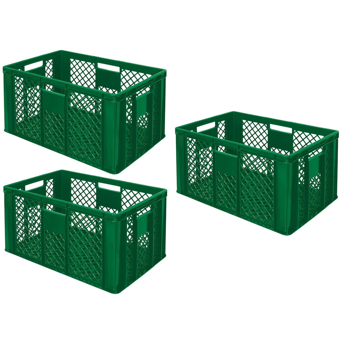 3x Eurobehälter durchbrochen/Stapelkorb, Industriequalität, lebensmittelecht, LxBxH 600 x 400 x 320 mm, grün