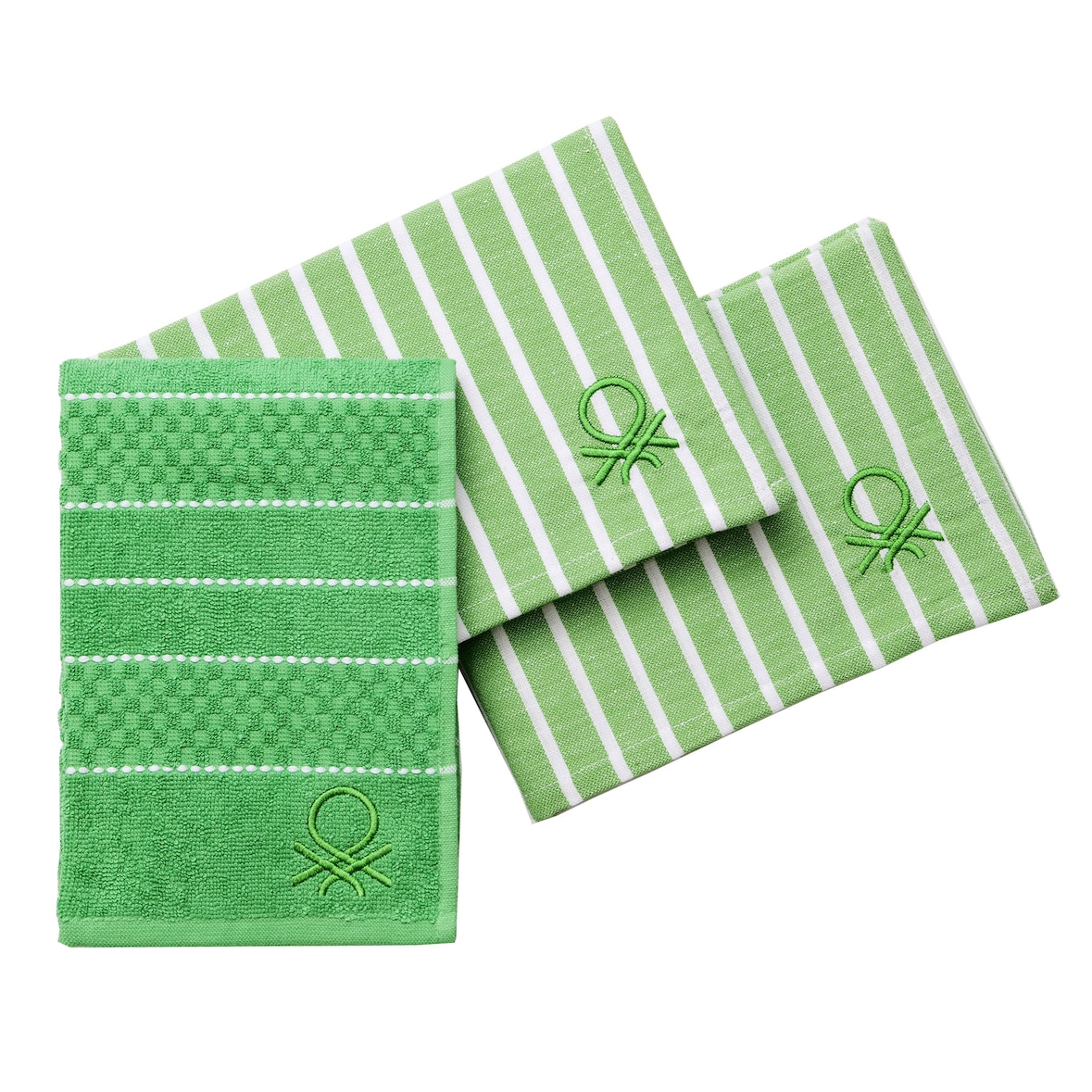 Benetton - Set van 3 servetten en theedoeken (1 badstof 50x50cm + 2 servetten) 100% groen katoen