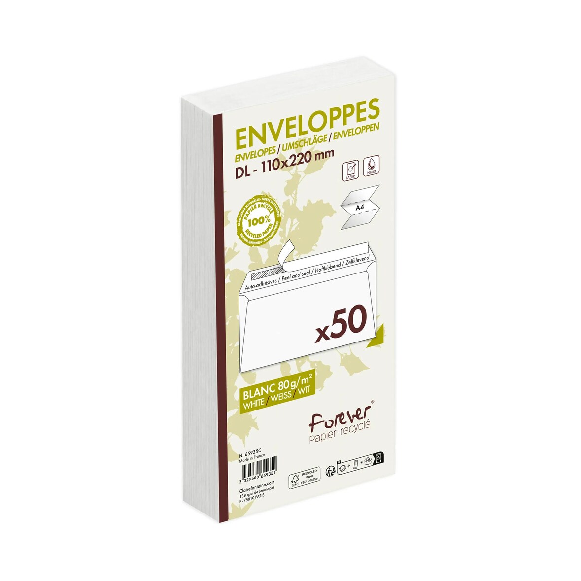 Clairefontaine 500x Umschläge 110x220mm/DL FOREVER 80g - Weiß 65935C