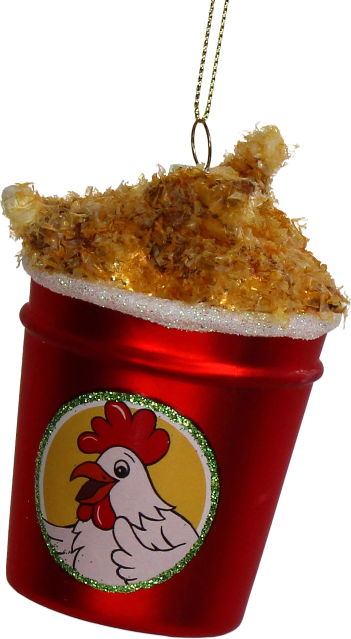 Christbaumschmuck Glas 10cm Hähnchen im Eimer Figur Handbemalt mit Glitzer Weihnachtsbaum Anhänger Christbaumanhänger Weihnachtsbaumschmuck Essen Rot