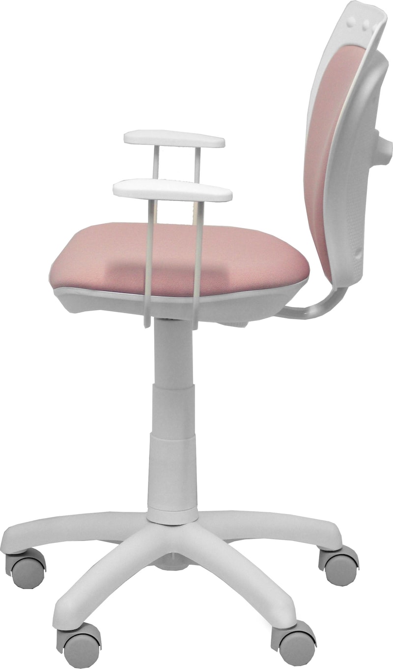 Uma cadeira de escritório rosa com base branca e rodas.