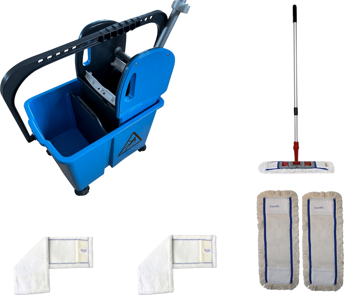 CleanSV Wischset blau 40 cm, Reinigungswagen 20 Liter Eimer (Teilbar), Presse, 1 Mophalter, 3 x Baumwollmop, 2 Microfasermop Teleskopstiehl