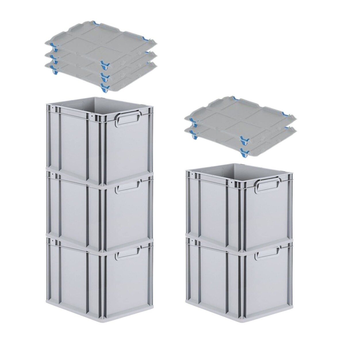 PROREGAL SparSet 5x Eurobox NextGen Grip mit Auflagedeckel & 4 blauen Verschlüssen, HxBxT 32x30x40cm, 30L, Grau, Griffe zu, Eurobehälter