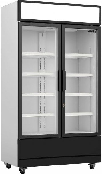 Kühlschrank BONGO | 2x Glastür & Display | 670 Liter, HxBxT 197,3x112x61cm | +1/+10°C | Grau, Front Schwarz | + CHEFGASTRO Geschirrtuch