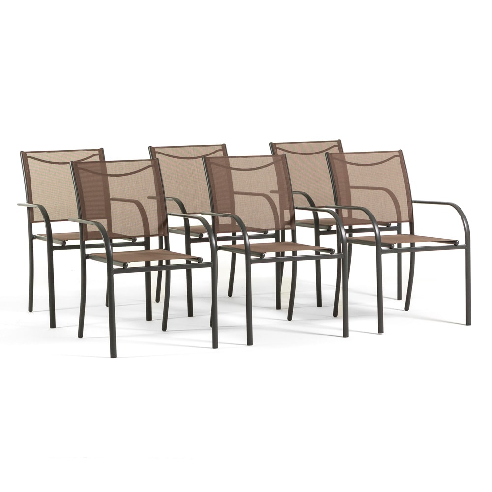 Set 6 sedie da giardino con braccioli impilabili in acciaio e textilene 2x1, leggere, traspiranti per terrazzo, veranda, bar, ristorante Elena/Marrone