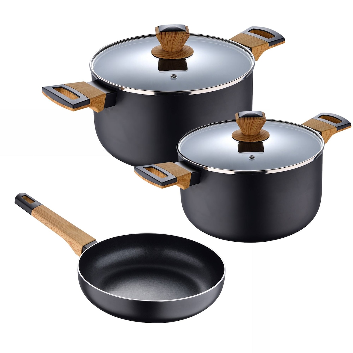 BERGNER - Batería de Cocina de 3 piezas Aluminio prensado con Tapas en color Negro apto para Inducción