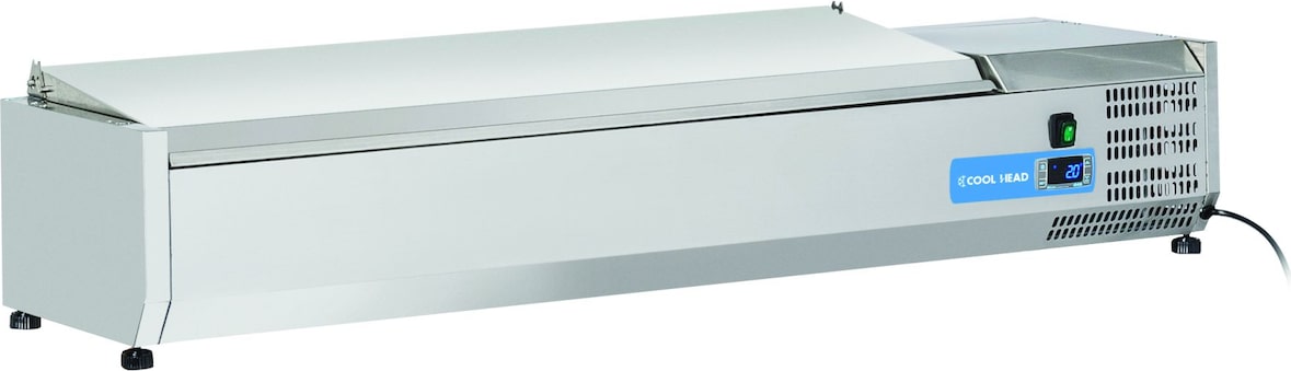 Edelstahl-Kühlvitrine für 6 GN1/4 Tabletts. Abmessungen 140x33,5x28,1h cm. Temperatur +2°C/+8°C. Kühlkopf VRX 14/33S/S