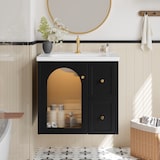 thumbnail of Wandmontierter Badschrank aus MDF in Schwarz, 60,5x47,5x57 cm, mit Keramikbecken, LED-Innenbeleuchtung und Soft-Close
