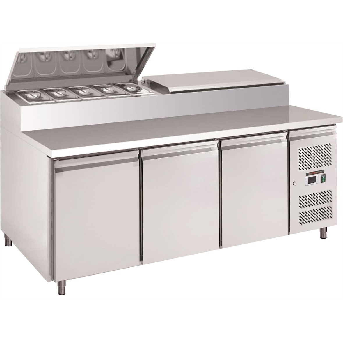Zubereitungstisch / Vorbereitungstisch / Saladette / GN 1/3 Edelstahlaufsatz - 2,02 x 0,80 m - mit 3 Türen