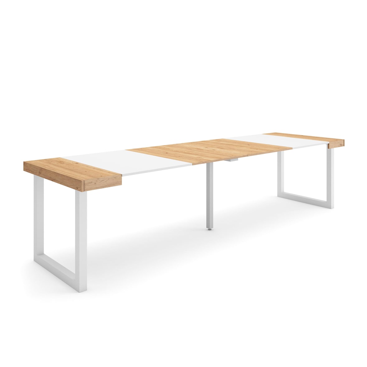 Ausziehbarer Konsolentisch, 302x90x73cm, Für 14 Personen, Holzbeine, Moderner Stil, Eiche und Weiß _ 366_21