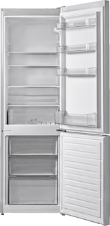 Um refrigerador branco aberto com compartimento congelador.
