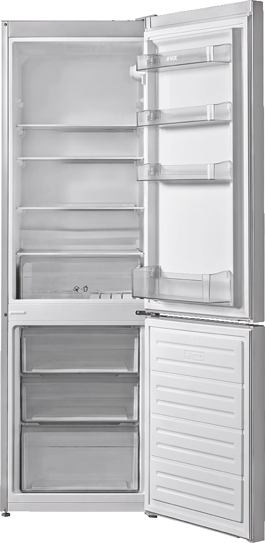 Um refrigerador branco aberto com compartimento congelador.