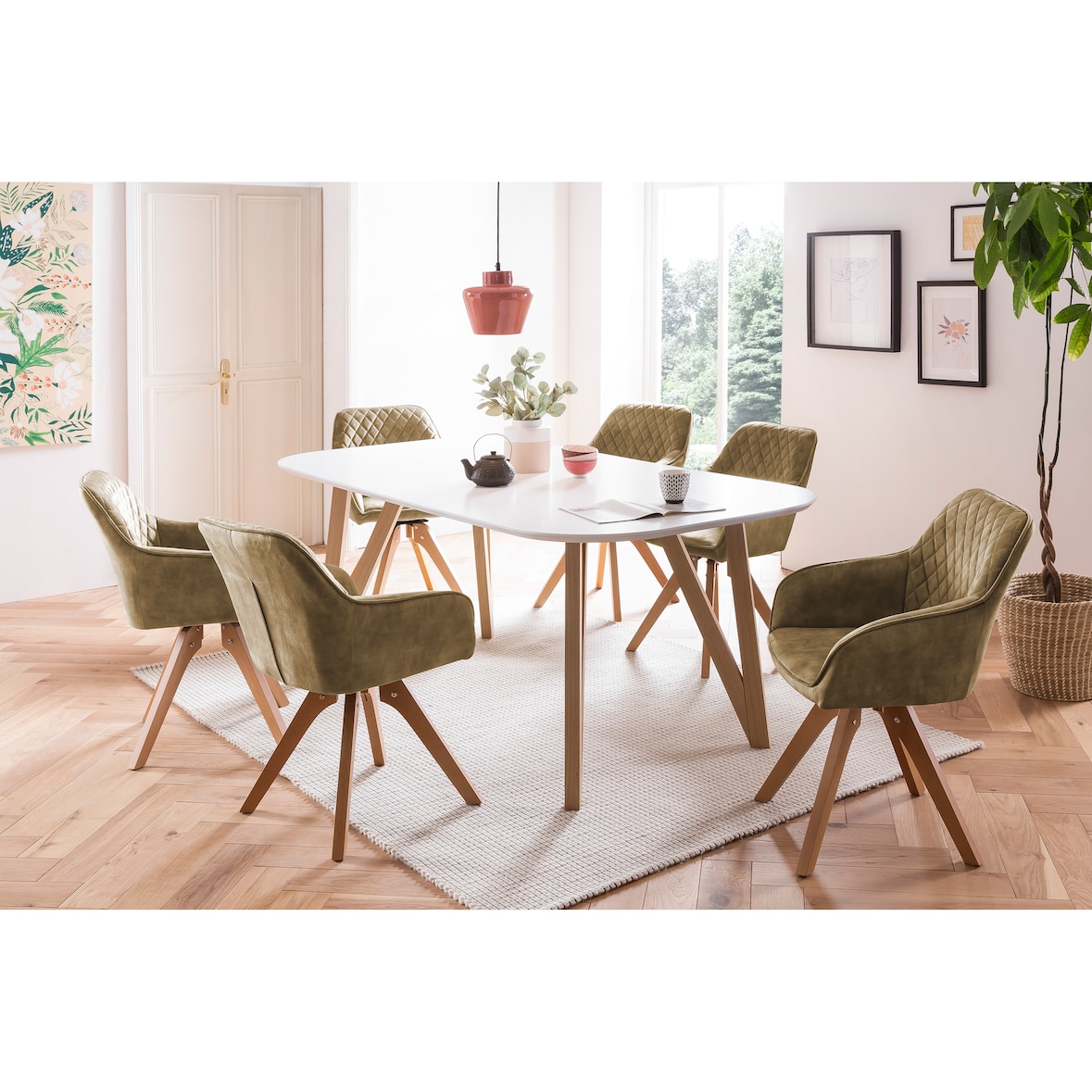 SalesFever Essgruppe 180x90 cm | 5 tlg | Eiche Massivholz | Weiß