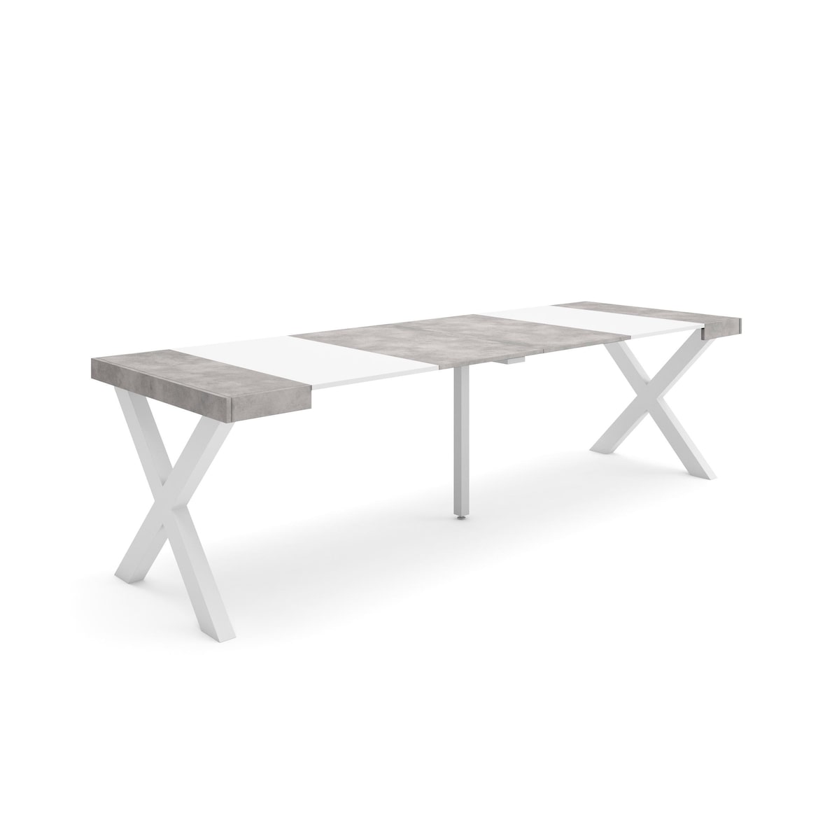 Ausziehbarer Konsolentisch, 262x90x73cm, Für 12 Personen, Holzbeine, Moderner Stil, Weiß und Zementgrau _ 381_21