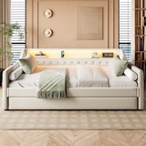 thumbnail of Tagesbett 90x200 cm aus Leinen mit Ausziehbett, stilvolle LED-Beleuchtung, USB-Anschluss, komfortables Design in Beige, ideal für kleine Räume