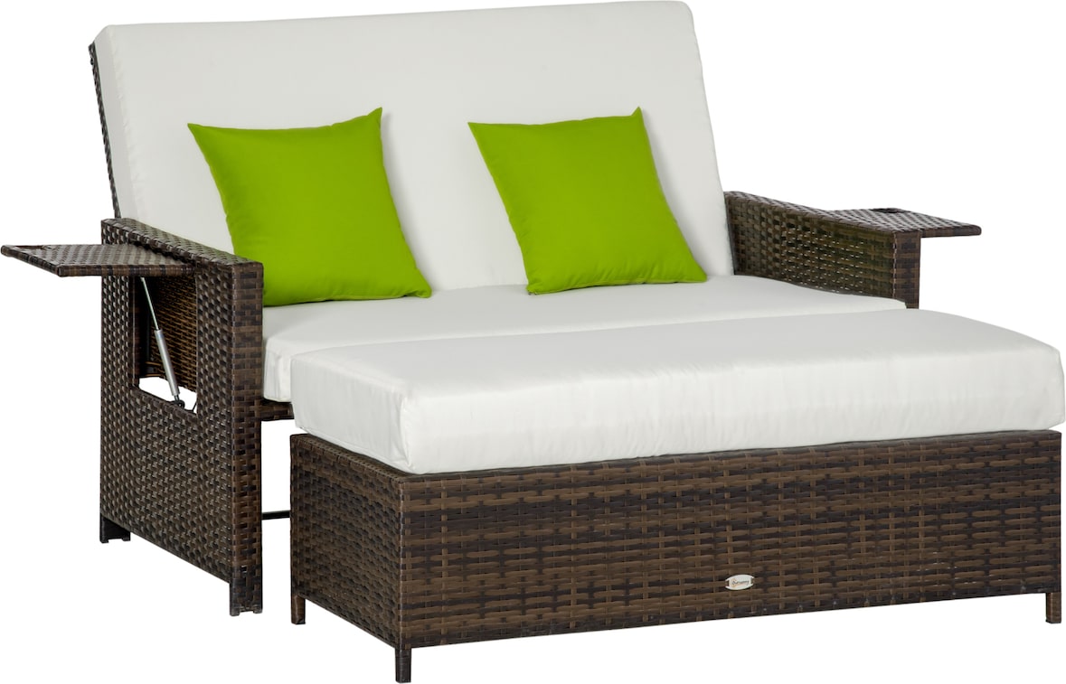 Sofá de Ratán de 2 Plazas con Mesitas y Reposapiés de Almacenaje Tumbona de Jardín con Respaldo Inclinable y Cojines Desenfundables 130x76x96 cm