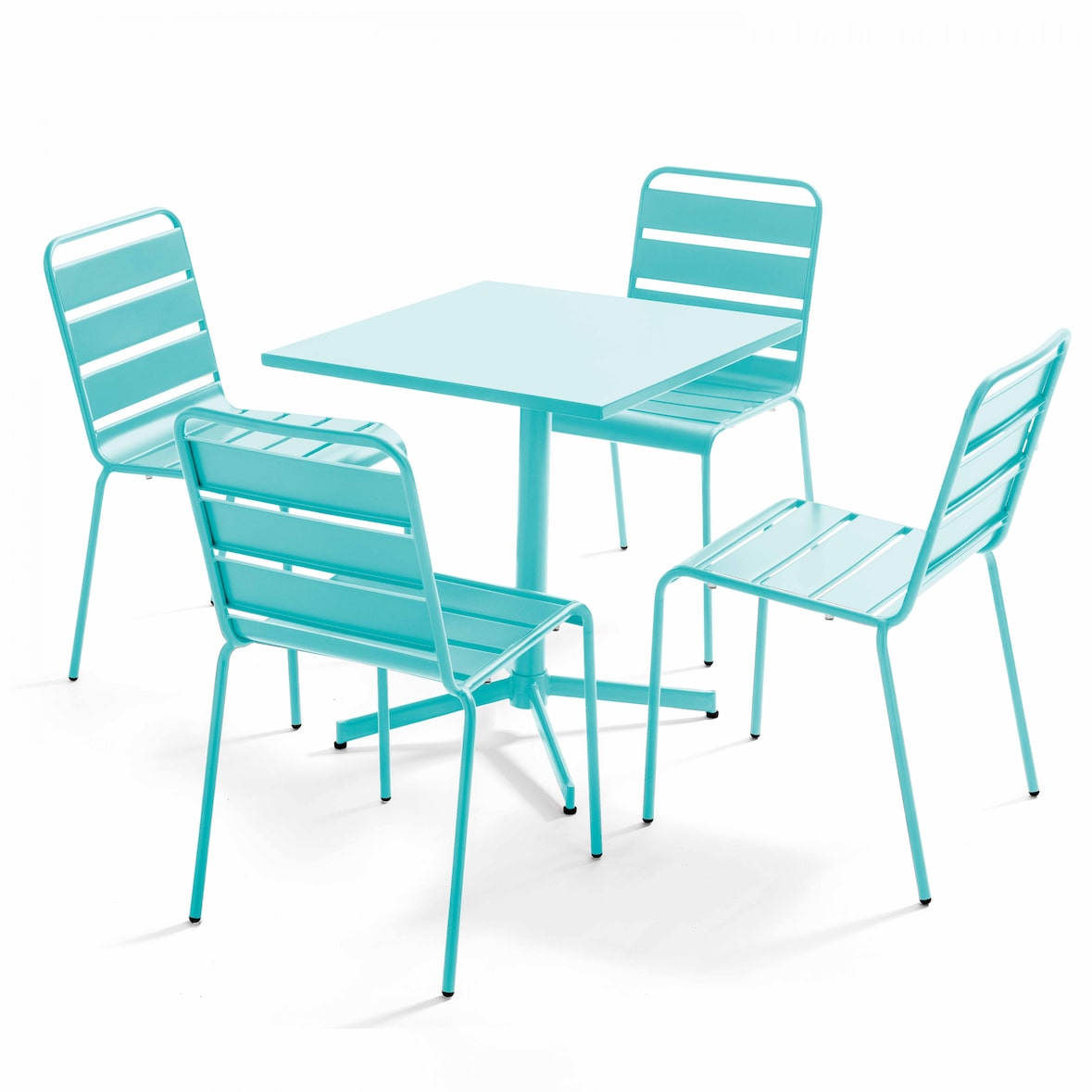 Vierkante tafel en 4 turquoise metalen stoelen - Oviala