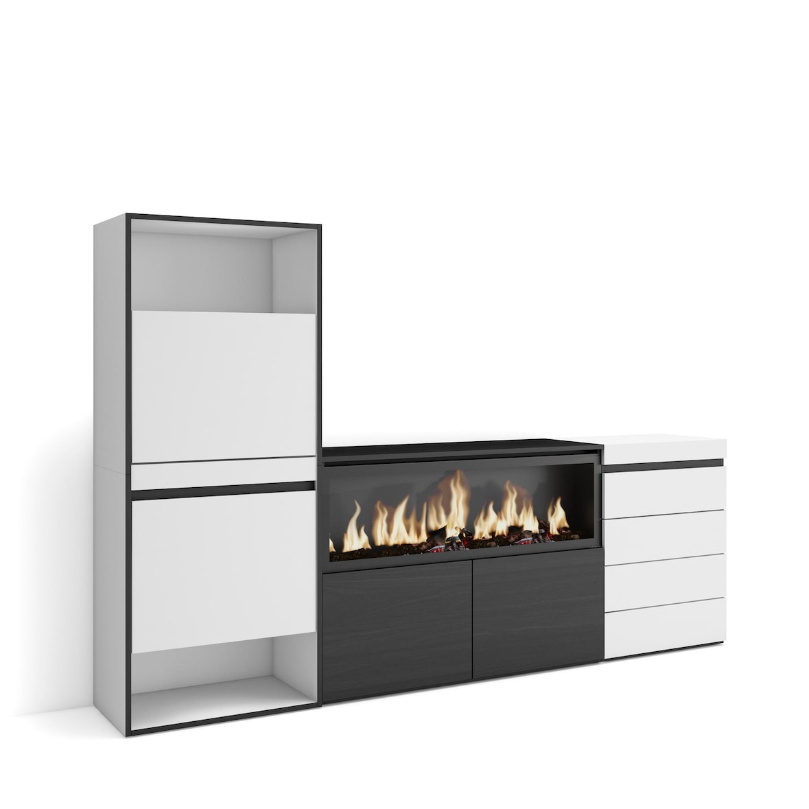 Zapatero, 224x35x145 cm, Dormitorio, habitación, Chimenea eléctrica XXL, Cómoda, Cajonera, Blanco _482_53