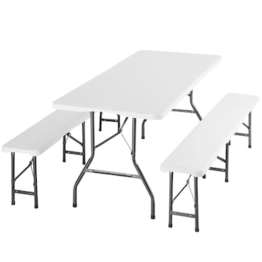tectake Conjunto de mesa e bancos de campismo PANJA, dobrável e resistente às intempéries, para 8 pessoas, 180x70x74 cm, branco