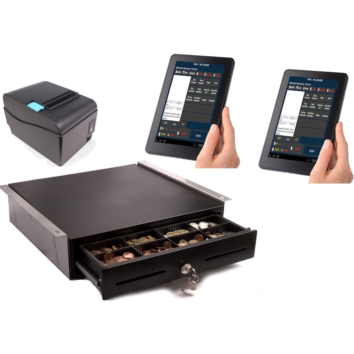 Mobiles Kassensystem für GASTRONOMIE: 2 x 7" Bedienerterminal, Bondrucker, Geldlade mit Montagehalterung