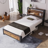 thumbnail of Merax Metallbett Einzelbett 90 x 200 cm mit Stauraum-Kopfteil, Metall Bettgestell Bettrahmen Für Erwachsene, Schwarz Industrielles Bett