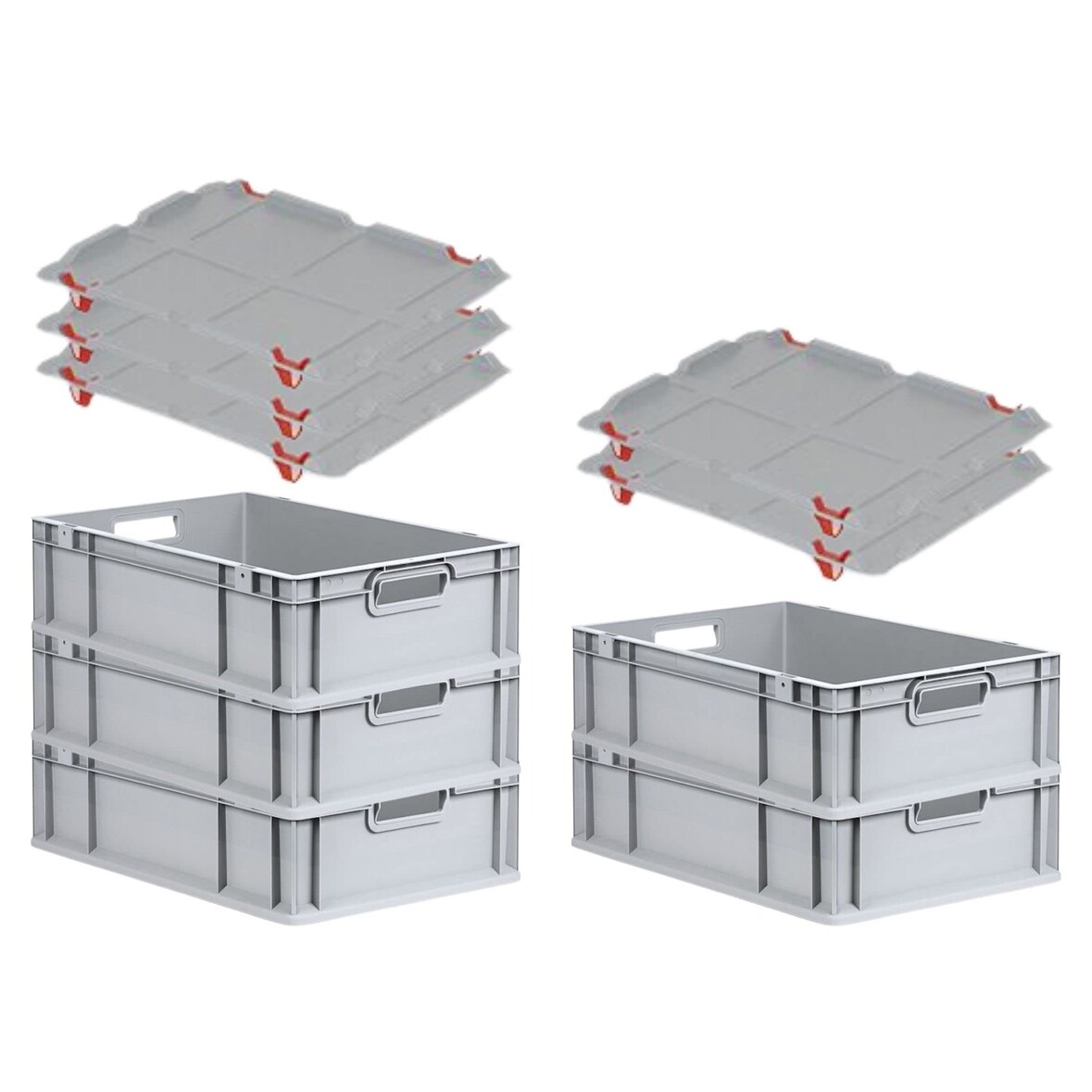 PROREGAL SuperSparSet 5x Eurobox NextGen Grip mit Auflagedeckel & 4 roten Verschlüssen, HxBxT 17x40x60cm, 34L, Grau, Griffe offen, Eurobehälter
