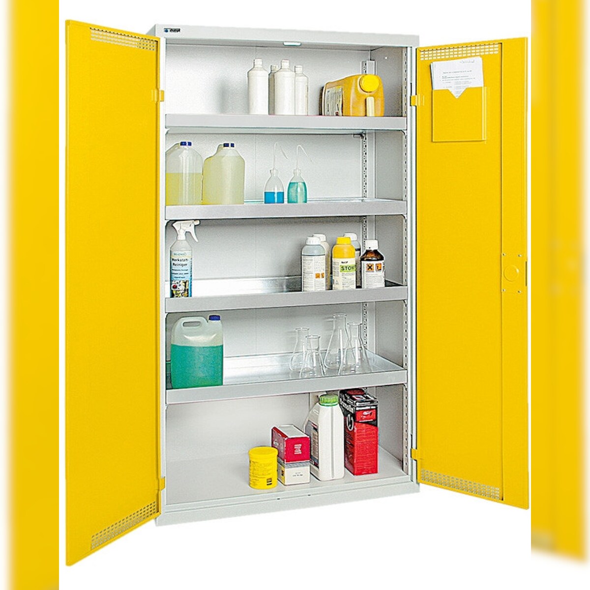 PROREGAL Belüfteter Umweltschrank & Gefahrstoffschrank mit 2 Türen, HxBxT 180x100x50cm, 4 Auffangwannen mit je 22L, Lichtgrau/Signalgelb