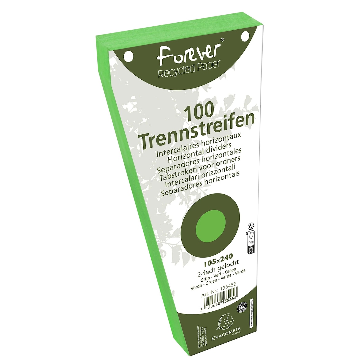 Exacompta - Réf. 13545E - Carton de 6 Paquets de 100 fiches intercalaires trapézoïdales unies perforées Forever sous film 105 x 240 mm vert