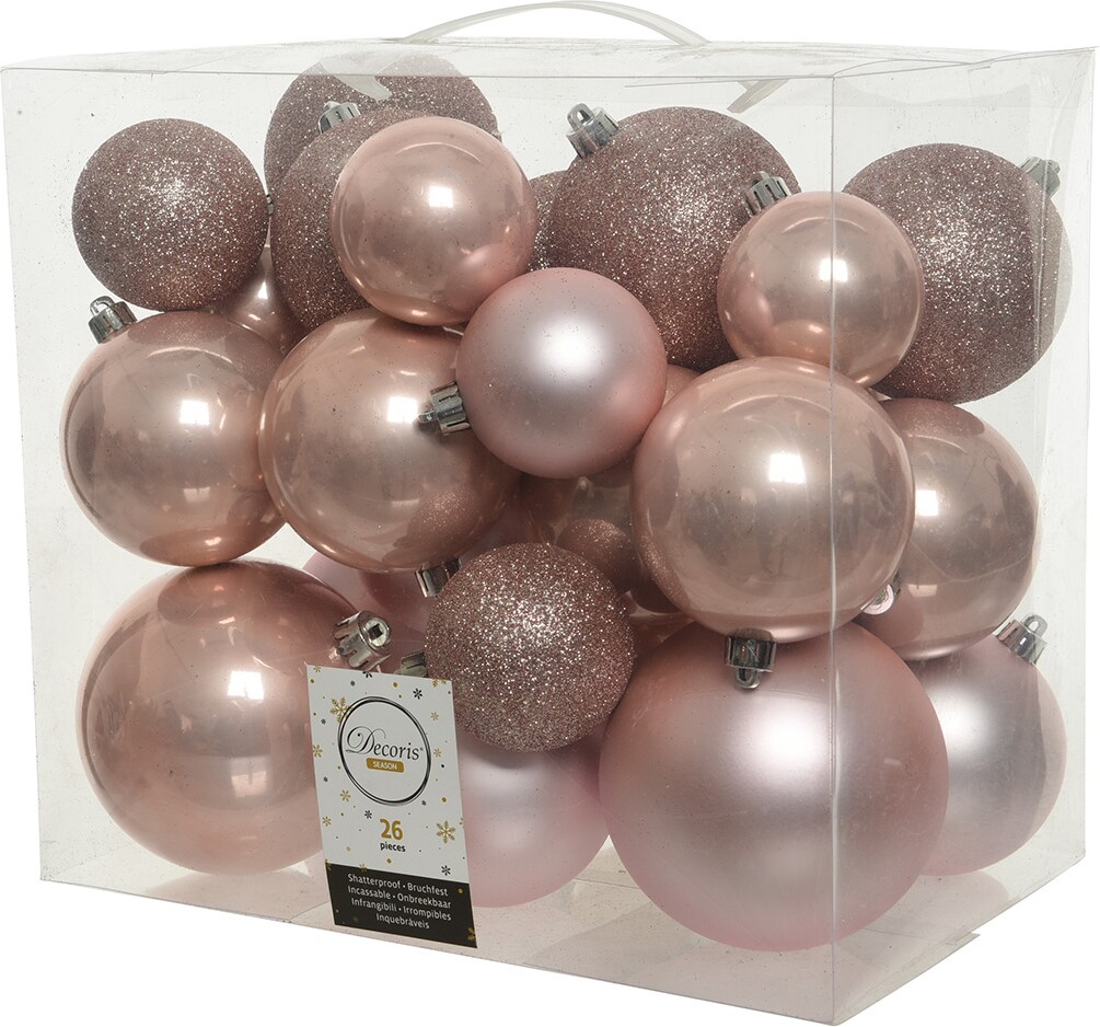 26 Weihnachtskugeln Kunststoff 6-10cm MixSet Christbaumkugeln Glitzer hellrosa