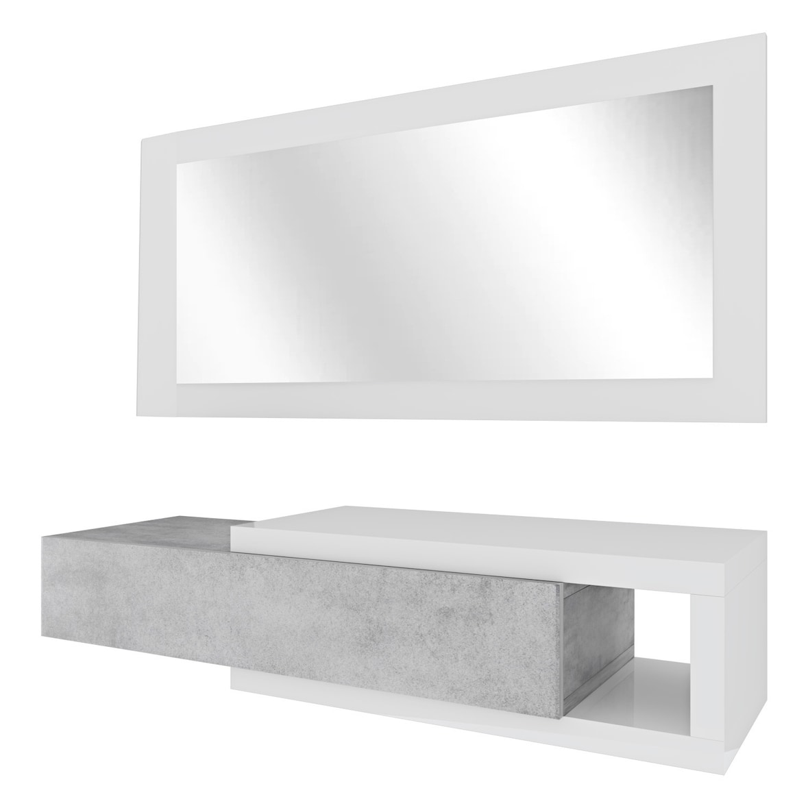 Mobile Maiorca Mobiletto da Ingresso Sospeso con Cassetto Mensola e Specchio Arredo Arredamento Sala 81 x 116 x 29 cm Bianco Lucido e Grigio Cemento