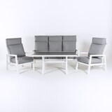 thumbnail of Conjunto sofás exterior, Aluminio reforzado color blanco, Sofá 3 plazas + 2 sillones reclinables + Mesita café, 5 plazas, Cojines color gris