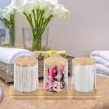 thumbnail of Relaxdays Wattestäbchenbehälter mit Tablett, 3 Becher m. Deckel, Kosmetik Organizer Kunststoff/Bambus, transparent/natur