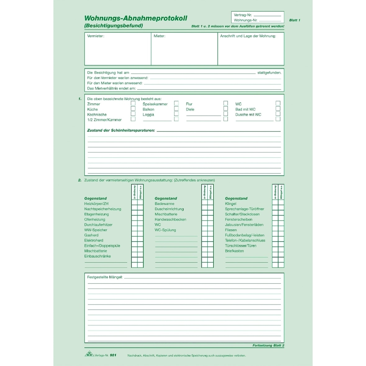 Wohnungsabnahmeprotokoll A4 2x2 Blatt selbstdurchschreibend