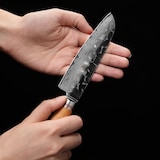 thumbnail of Kleines Santokumesser I 13 cm Klinge aus 67 Lagen Damaststahl I Olivenholzgriff und Hammerschlag