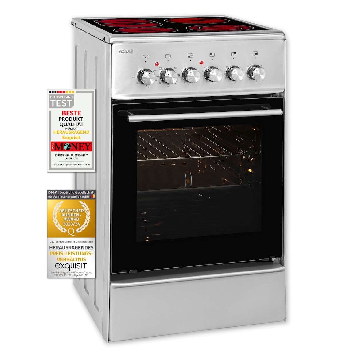 Exquisit ECM 8-4.1 BZ Inox Elektro-Standherd | Ober-/Unterhitze |  Grill | Heißluft | Multifunktion | Backofen-Volumen: 47 l | EEK:  A | Inox