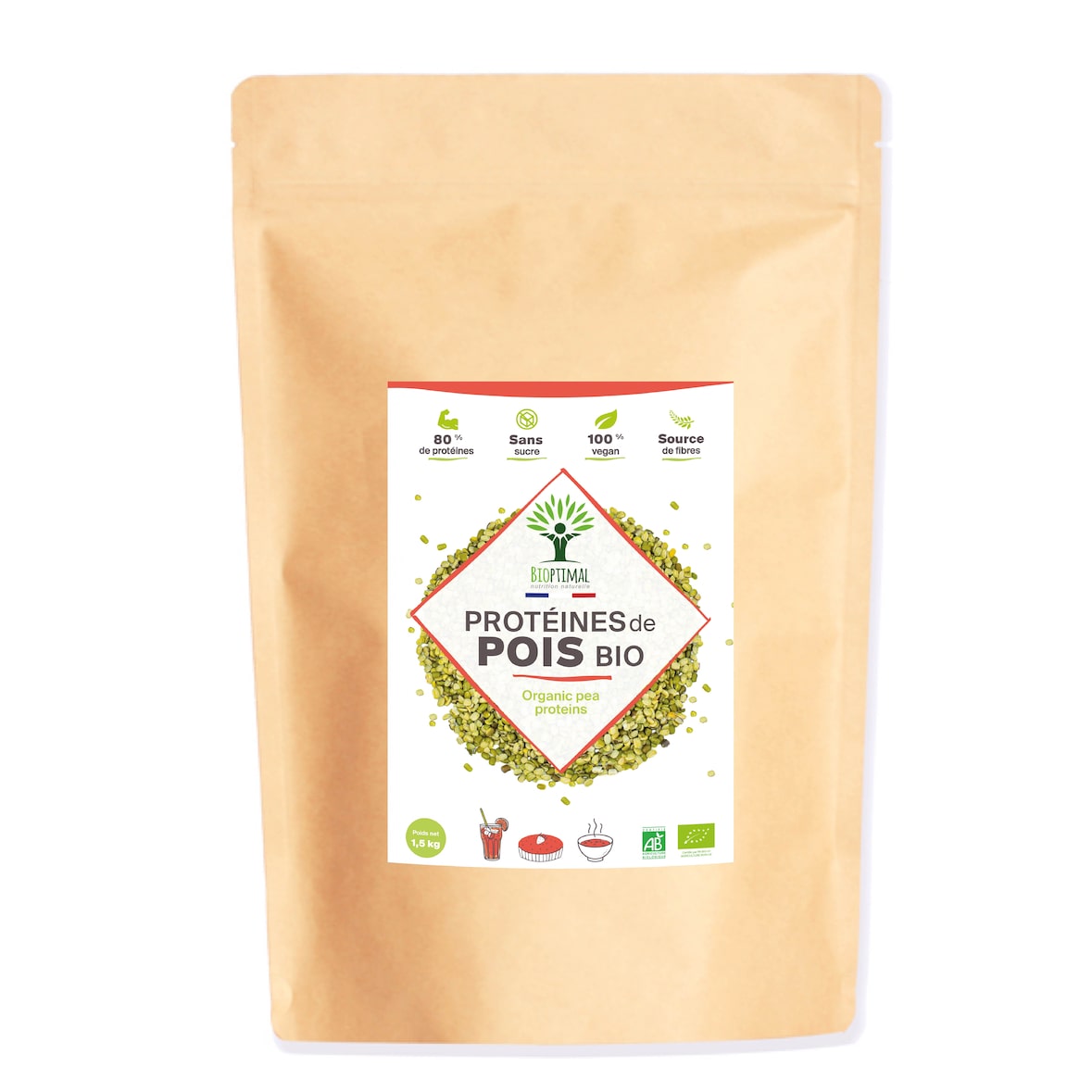 Protéine de Pois Bio - 80% Protéines 12% BCAA - Haute Digestibilité - Sport Musculation - Conditionné en France - Vegan - Certifié Ecocert - 1,5 kg